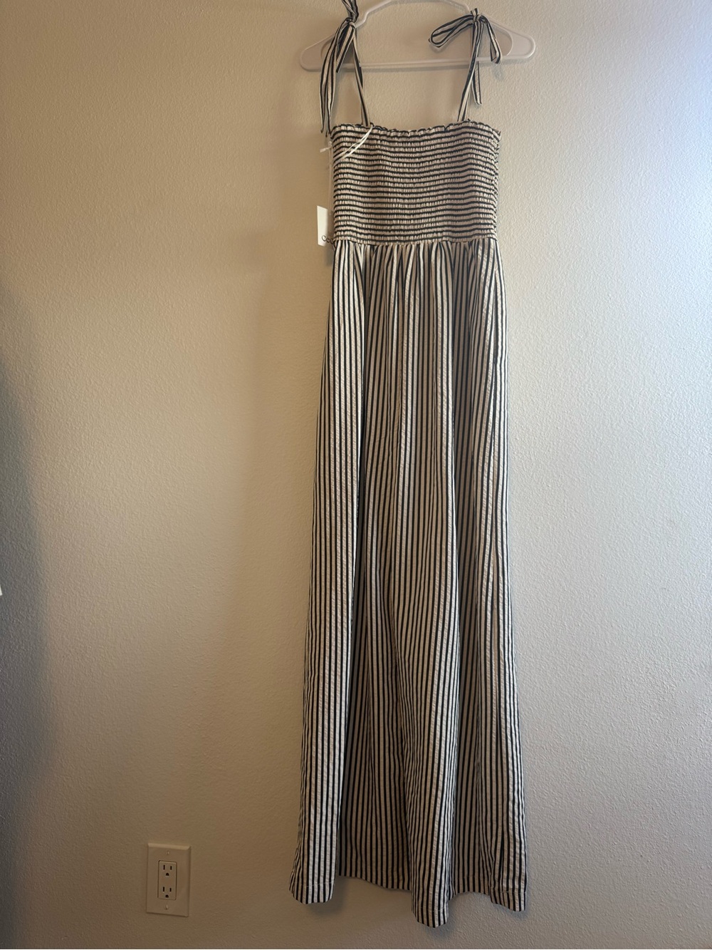 CeCe Black & White Striped Smocked Top with Tie Straps - Picture 2 of 3